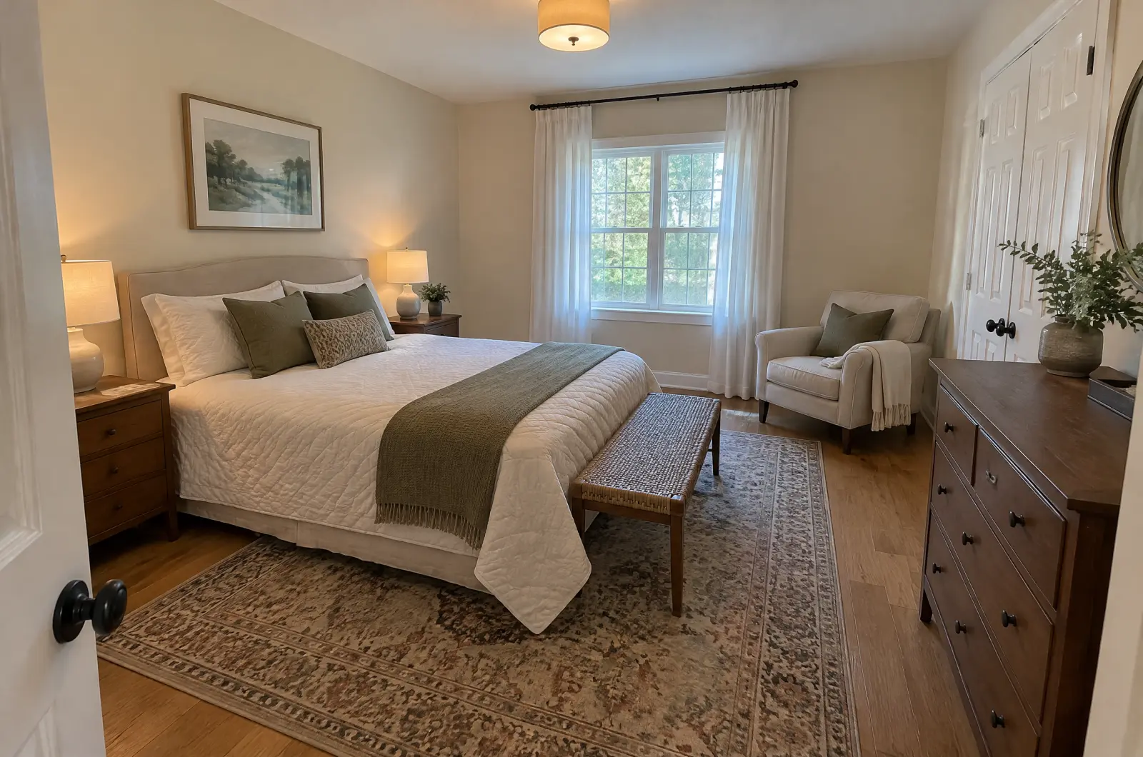 A furnished bedroom with a bed, dresser, armchair and rug.