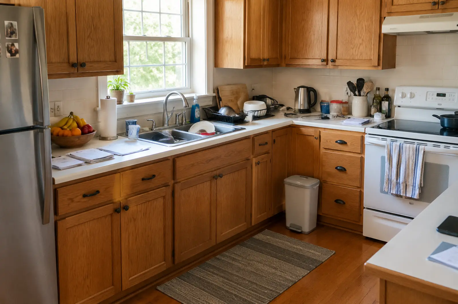 A kitchen with dishes, papers, cables and towels on the counters.