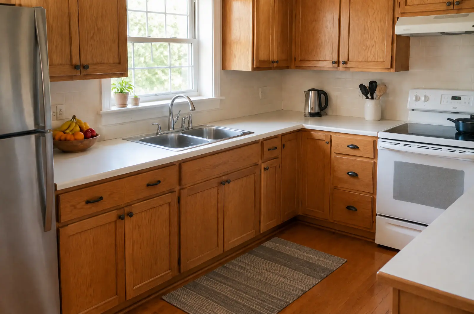 The same kitchen with the loose items gone and the cabinets, appliances and counters unchanged.