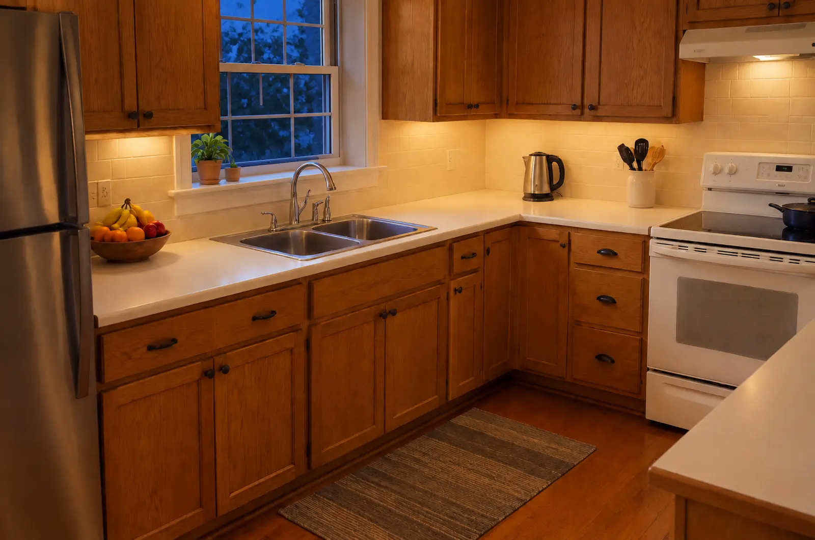 The tidied kitchen at dusk with its lights on.